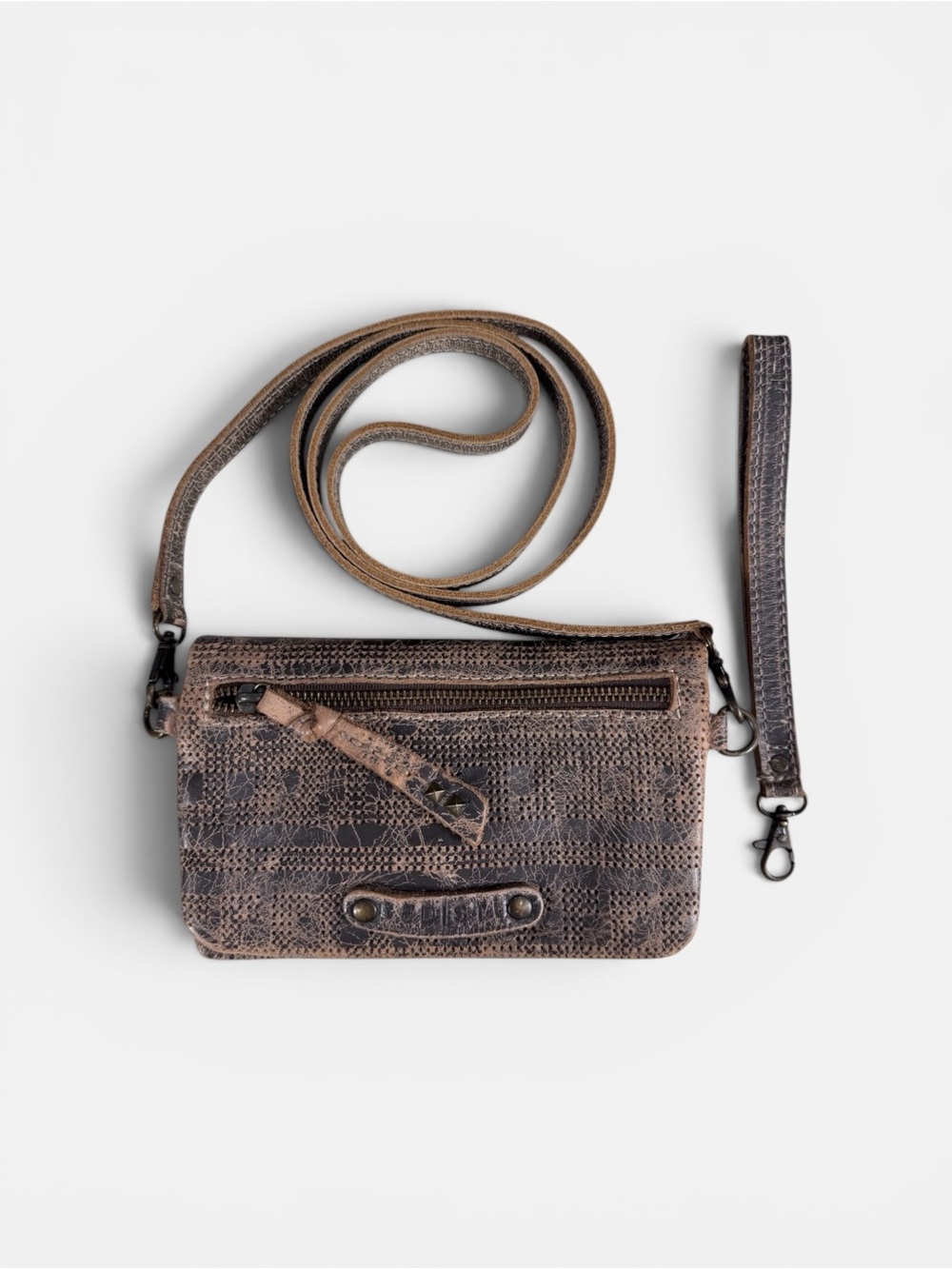 Bed/Stu Distressed Crossbody Wristlet Brown Crossbody Bag. Detachable Straps